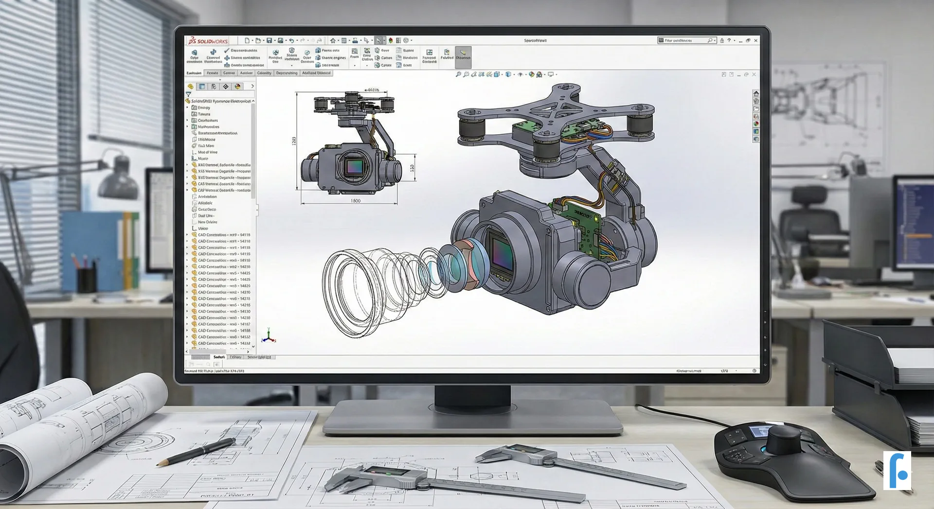 3D μοντέλο CAD συγκροτήματος gimbal σε σταθμό εργασίας μηχανικού